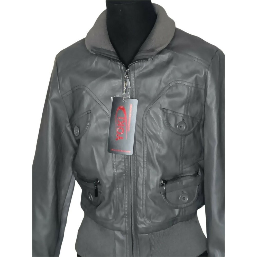 New York YOKI Faux Leather Grey Colored Bomber Jacket Large Long Sleeves NWT - Picture 2 of 6